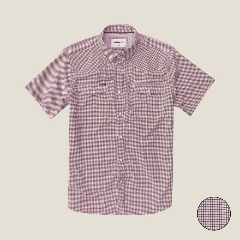 PONCHO Mens Maroon Micro-Check Pearl Snap Short Sleeve Shirt Maroon Microcheck - Picture 10 of 11